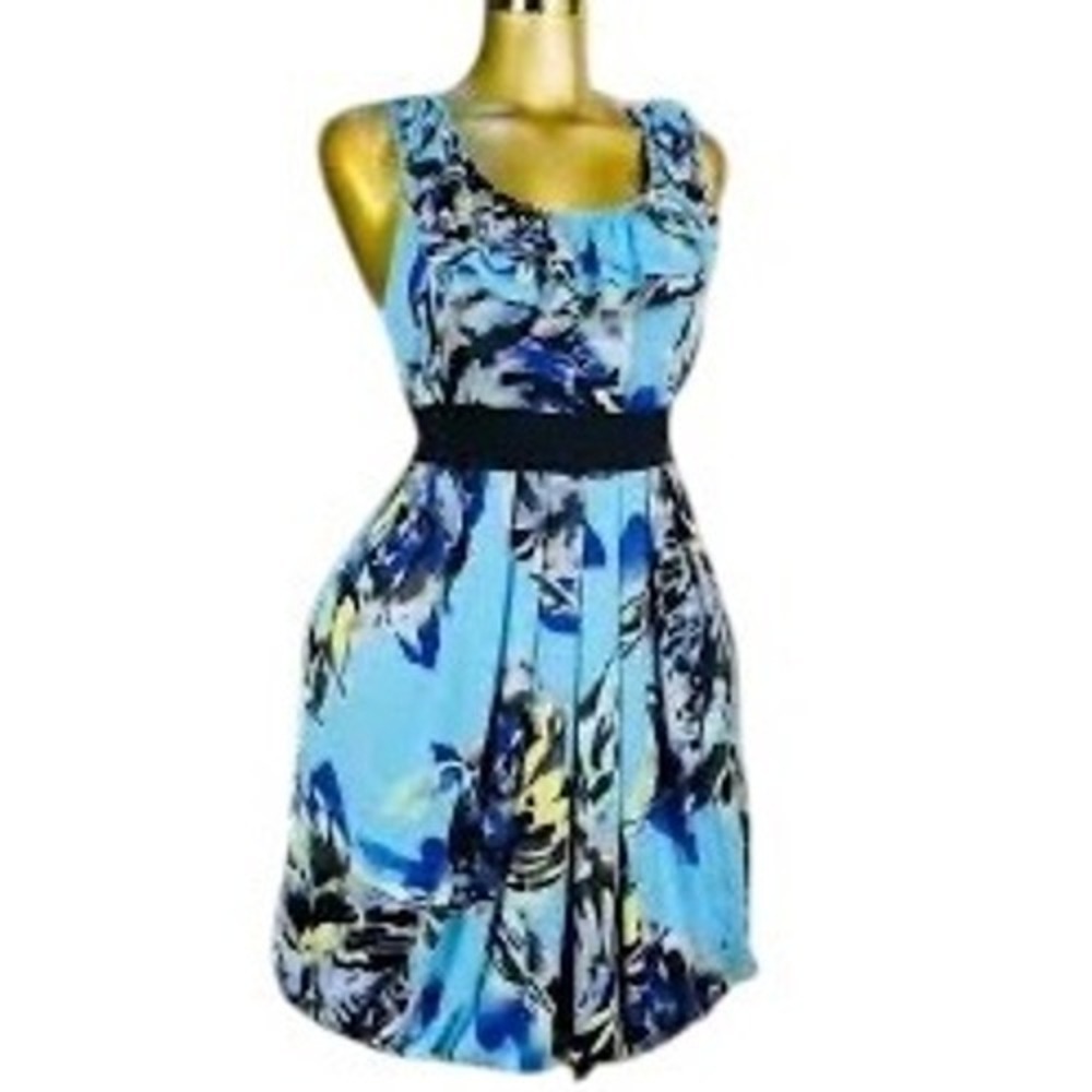 Candies Blue Floral Ruffle Neck Bubble Hem Dress Sleeveless Black Waist Tie S